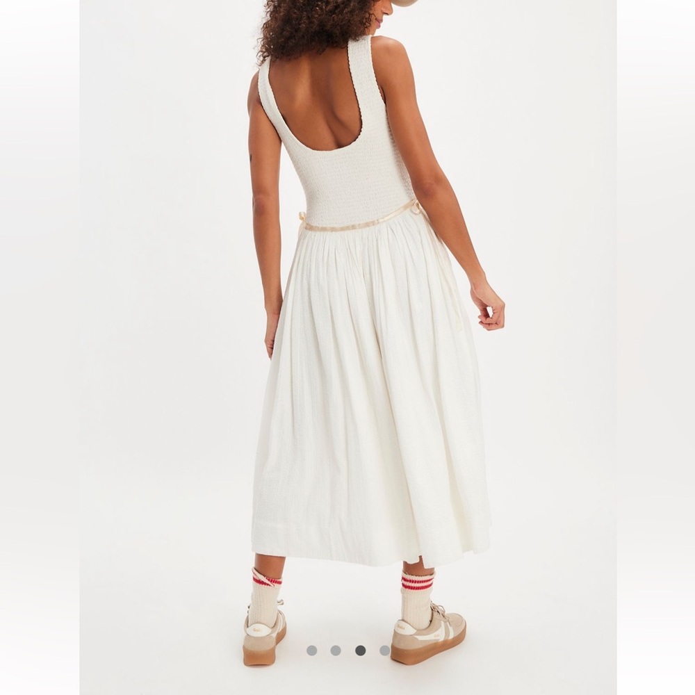 Free People Nightingale Seersucker Drop Waist Smocked Bodice Bow Midi Dress